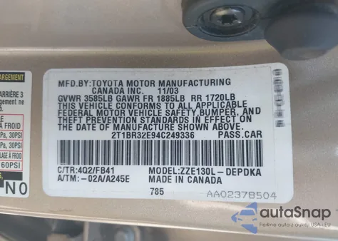 2004 Toyota Corolla Ce from USA, damaged, VIN 2T1BR32E94C249336